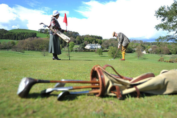 HILL OF TARVIT;
DAVID ANDERSON in period costume with hickory clubs at KINGARROCK Hickory Golf Course.
photo; WALTER NEILSON